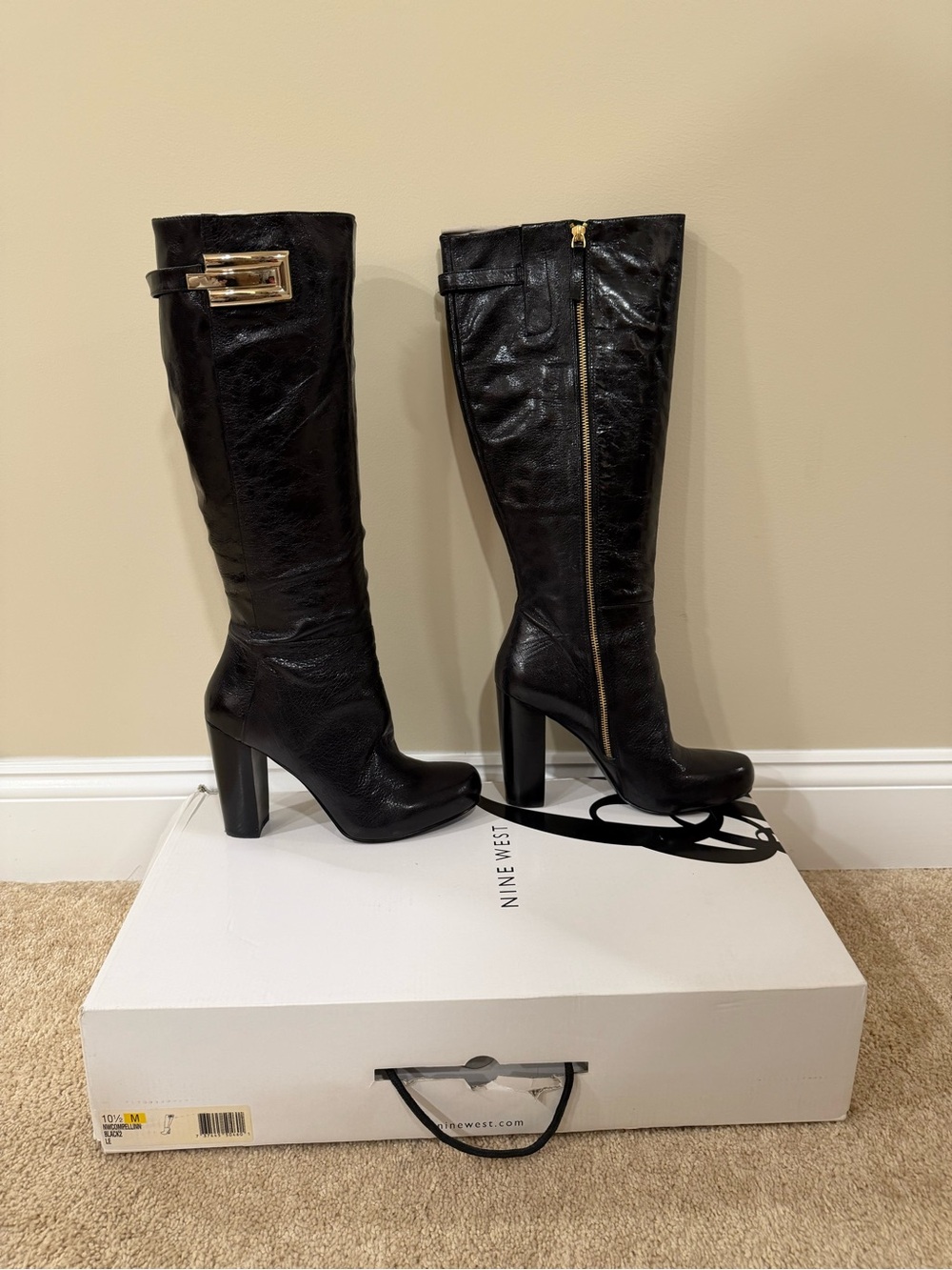 Nine West Black Leather Knee-High Heeled Boots with Gold Accent
